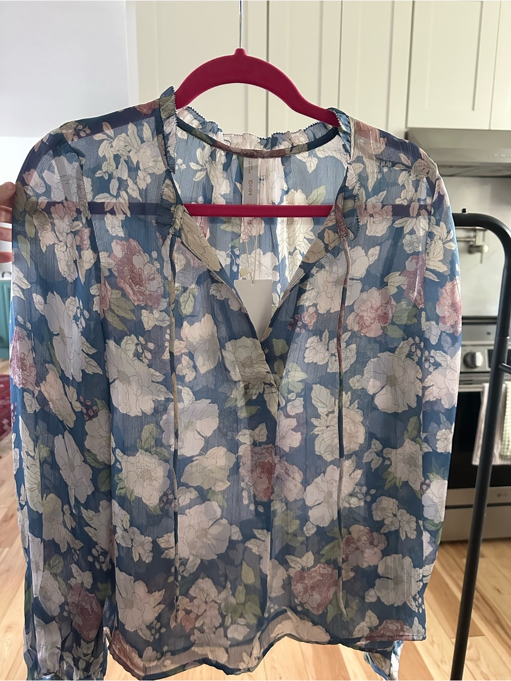 Mango Blue Floral Tie Blouse